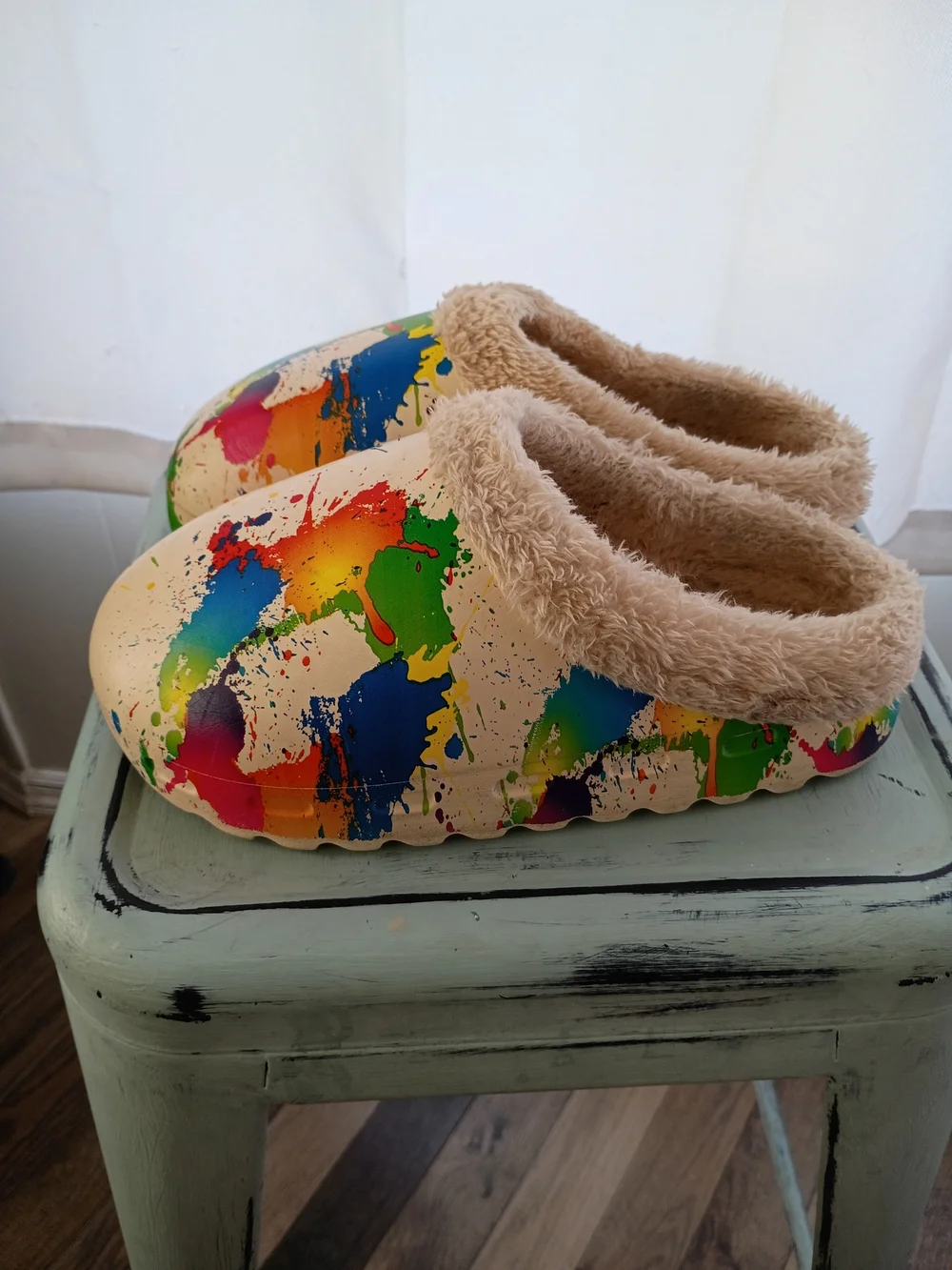 Men's Winter Style Fuzzy Lined Paint Splatter Clog Slippers EU 35-36 Boys US 5-6